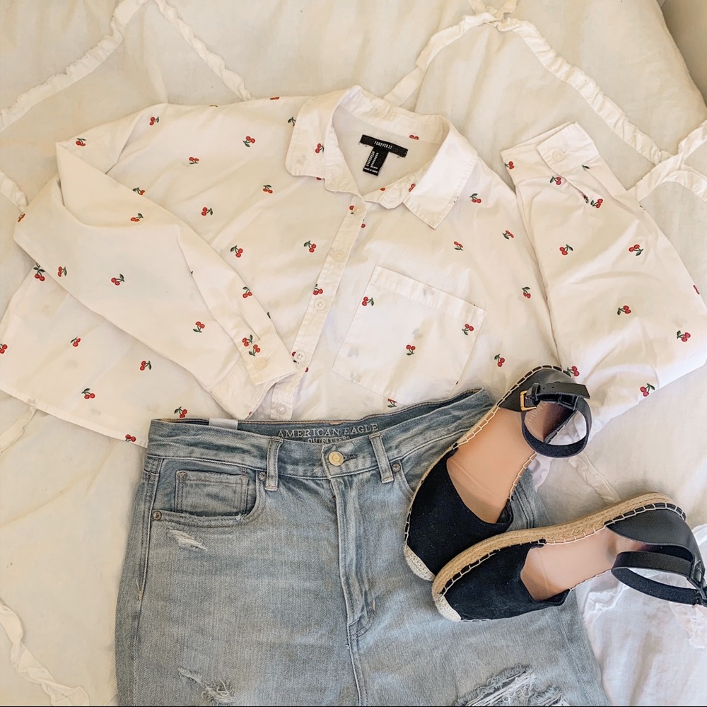 Cropped Cherry Button Down Top